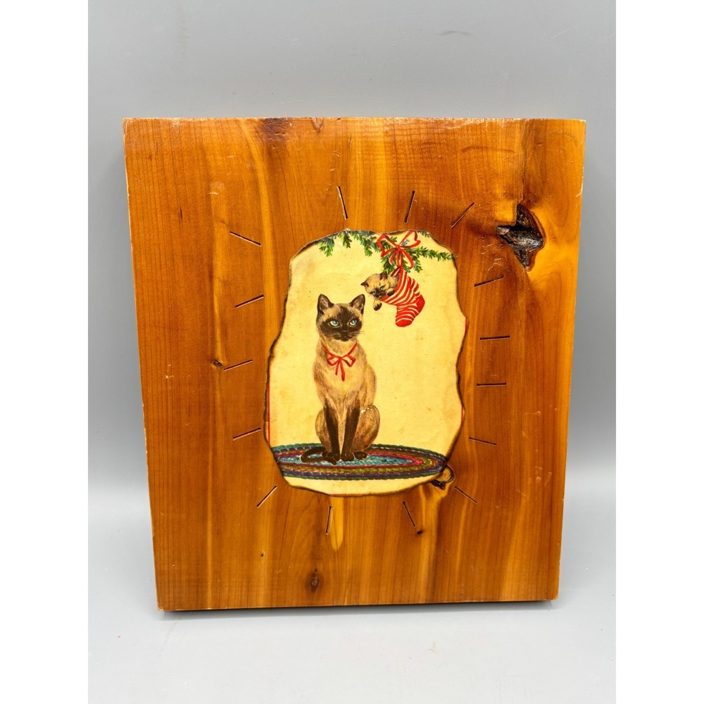 Vintage Siamese Cat Christmas Decoupage Wood Wall Plaque Mid Century Decor